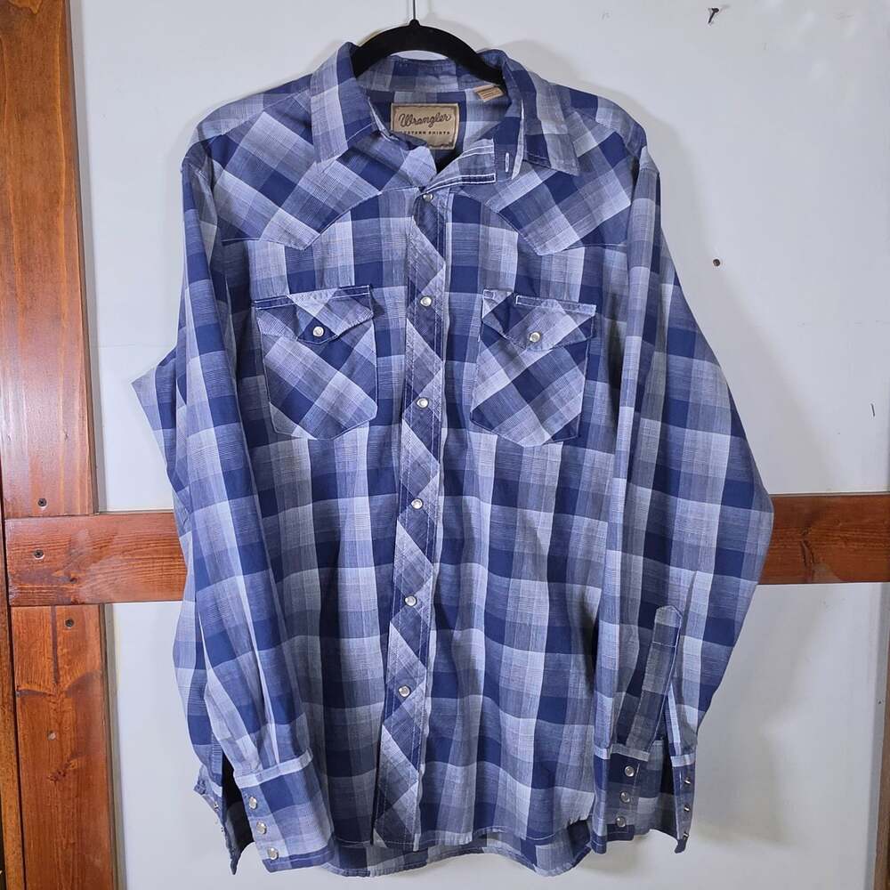 Wrangler Men's Western Shirt Long Sleeve Blue Plaid Pearl Snap Button Up